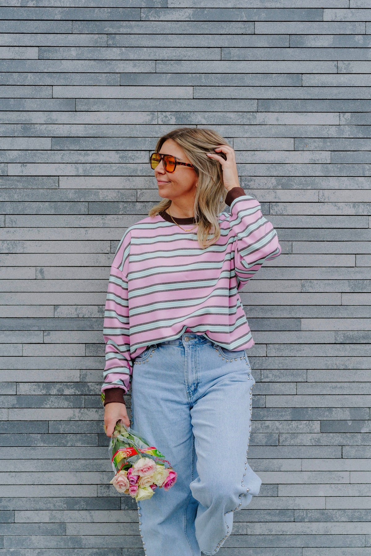 Striped sweater rose/blue/brown