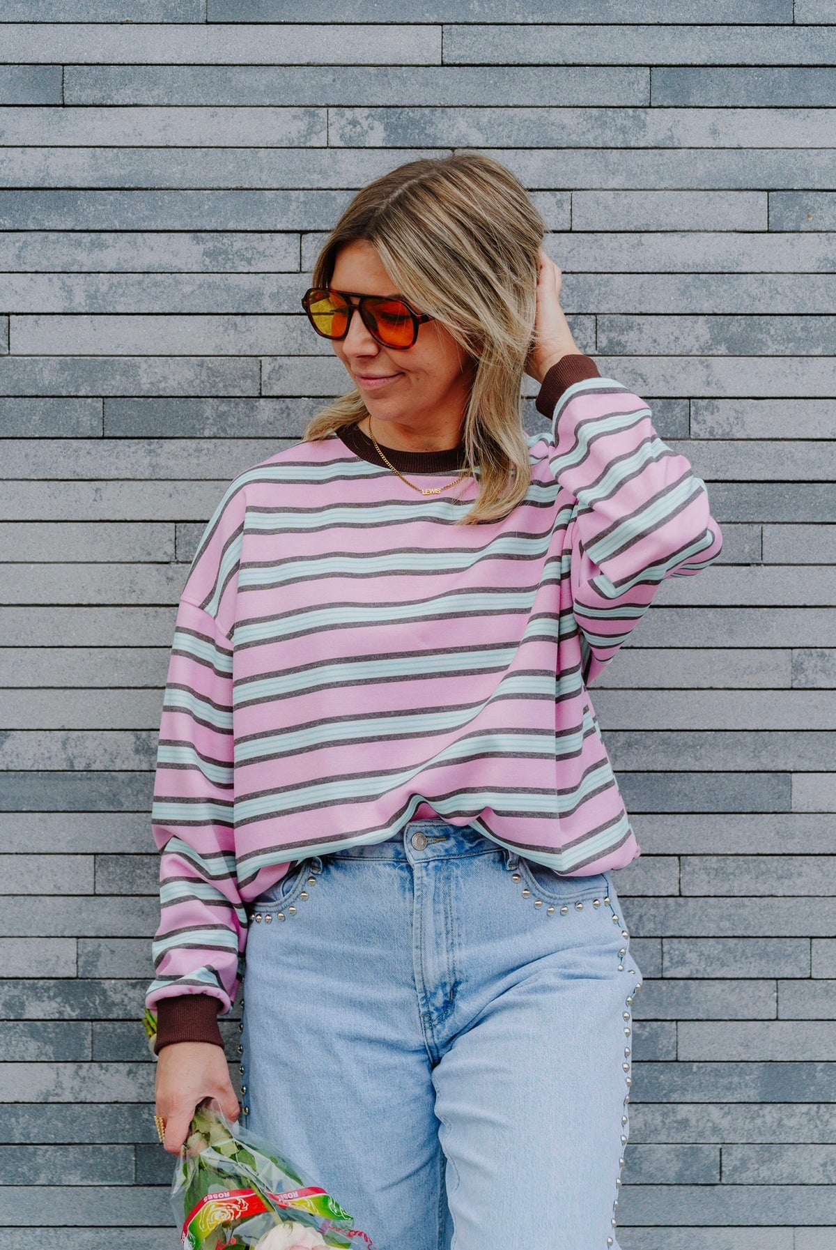 Striped sweater rose/blue/brown