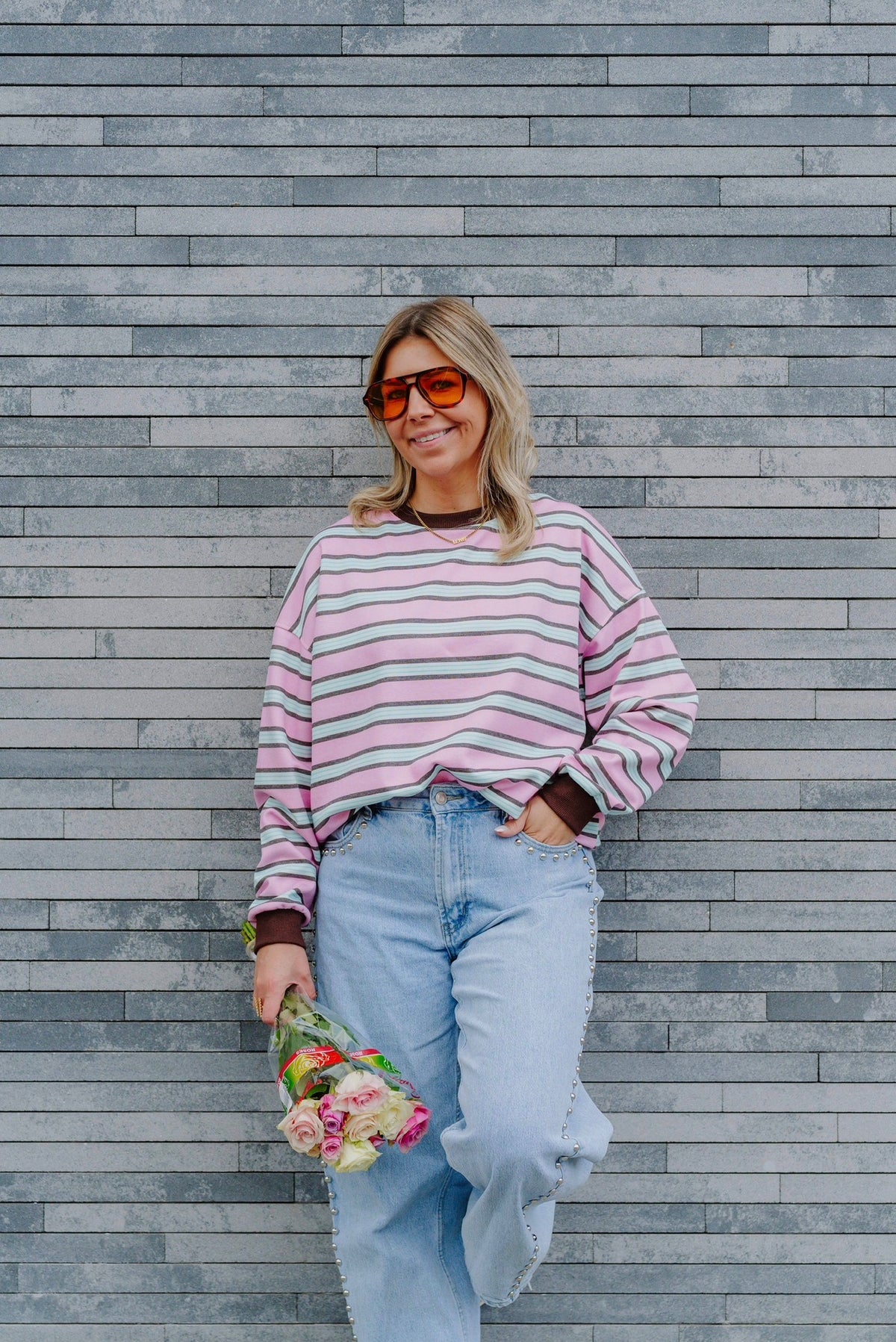 Striped sweater rose/blue/brown